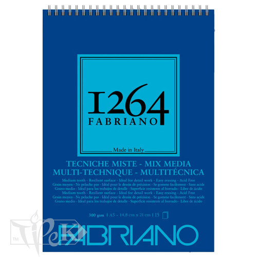 Альбом для малювання Mixed Media на спіралі «1264» А5 (14,8х21 см) 300 г/м.кв. 15 аркушів Fabriano